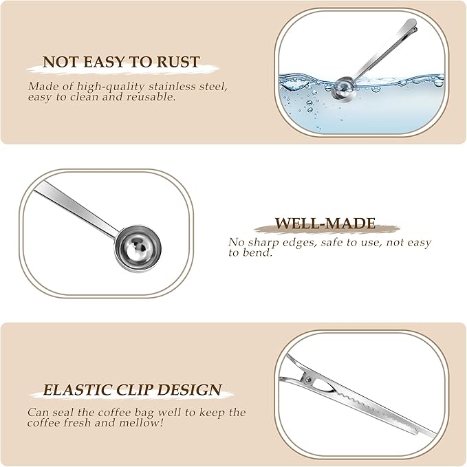 Quacc Stainless Steel Coffee Scoop with Bag Sealing Clip, 2-in-1 Coffee Measuring Scoop for Coffee Beans, Milk Powder, Loose Tea, Spices (Silver)