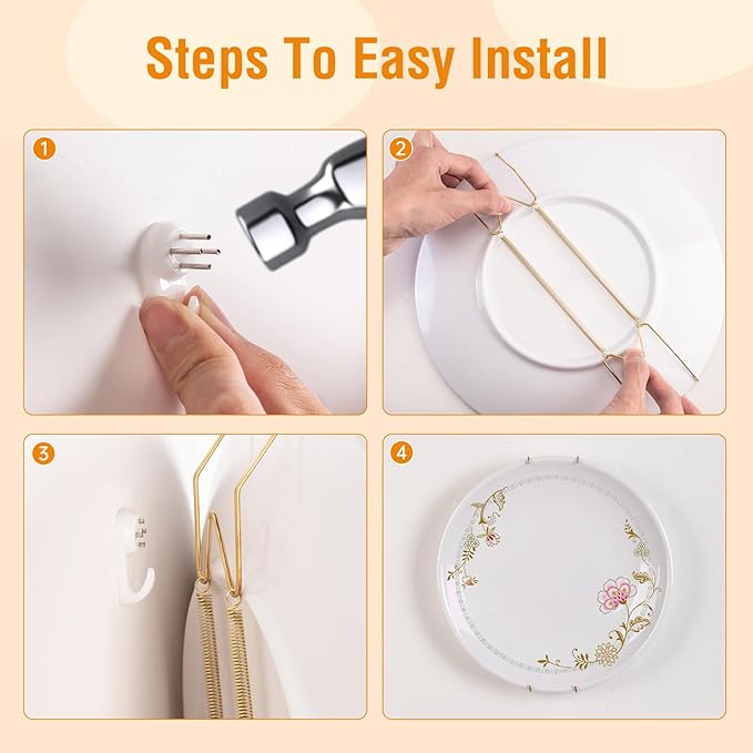 3 Pack Plate Hangers for The Wall, Suitable for 12-16 inch Art Plate, Stainless Steel Invisible Heavy Duty Wire Plate Holder with Wall Hooks, Plate Hangers for Displaying Plates, Platter, Dish, Gold