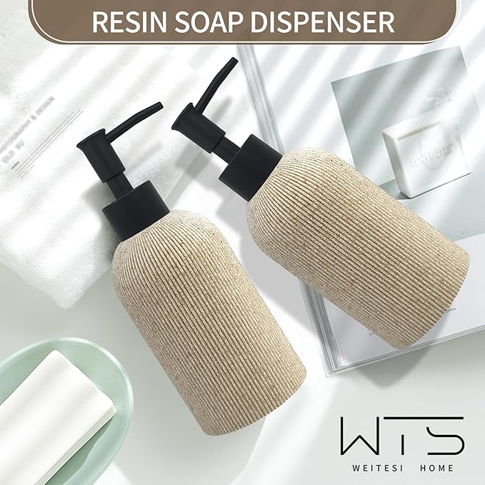 Hand Soap Dispenser for Bathroom and Kitchen Countertop, 10 oz Resin Soap and Lotion Dispensers Set with Plastic Rust Proof Pump, Boho Refillable Liquid Dish Soap Dispensers Bottle,Beige