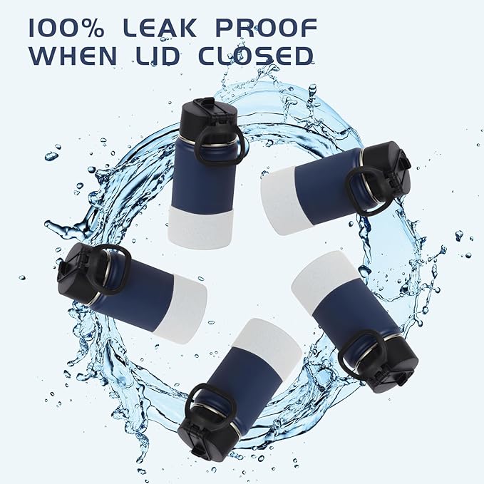 Volhoply 14oz KIds Water Bottle with Straw Lid and Silicone Boot Bulk 2 Pack,Stainless Steel Insulated Cups for Boys & Girls Multipack,Double Wall Vacuum Leakproof Bottles(Navy,2)