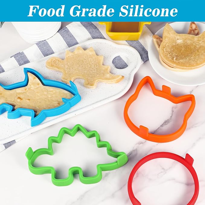 Kamehame Silicone Pancake Molds for Shark, Round, Cat, Dinosaur Shape Pancakes, 4 Pack Nonstick Pancake Shaper for kids, Fun Shapes Cake Ring Mold for Griddle Cooking