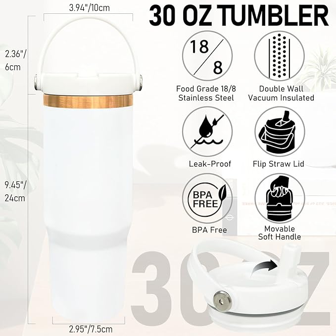 30 oz Tumbler Bulk with Handle and Straw, Vacuum Insulated Tumblers with Flip Straw and Top Handle, Leakproof Powder Coated Tumbler, Stainless Steel Travel Mug for Coffee Water (White, 4 Pack)