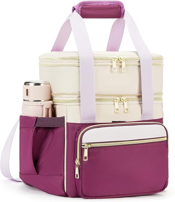 holuxer Insulated Lunch Bag & Lunch Box for Women - Double Deck Reusable Lunch Bag for men Tote Cooler Bag Leakproof Soft Expandable - Large Lunchbox for Work/Adult/Picnic/Outdoor (Light Purple，15L)