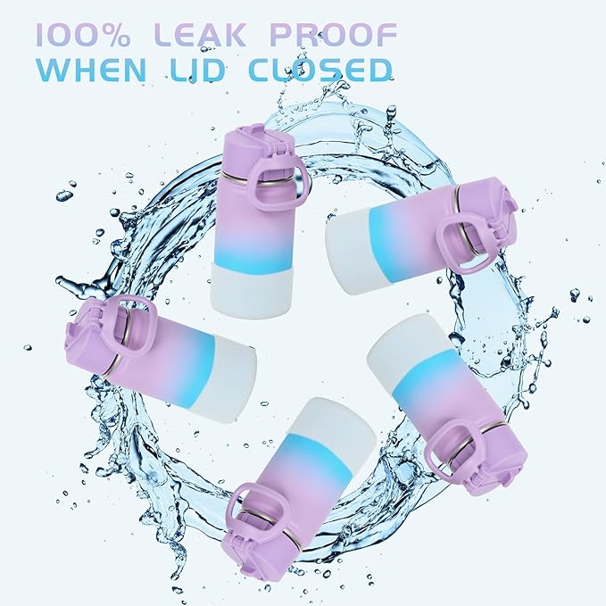 Volhoply 14oz KIds Water Bottle with Straw Lid and Silicone Boot Bulk 6 Pack,Stainless Steel Insulated Cups for Boys & Girls Multipack,Double Wall Vacuum Leakproof Bottles(Lavender Blue,6)