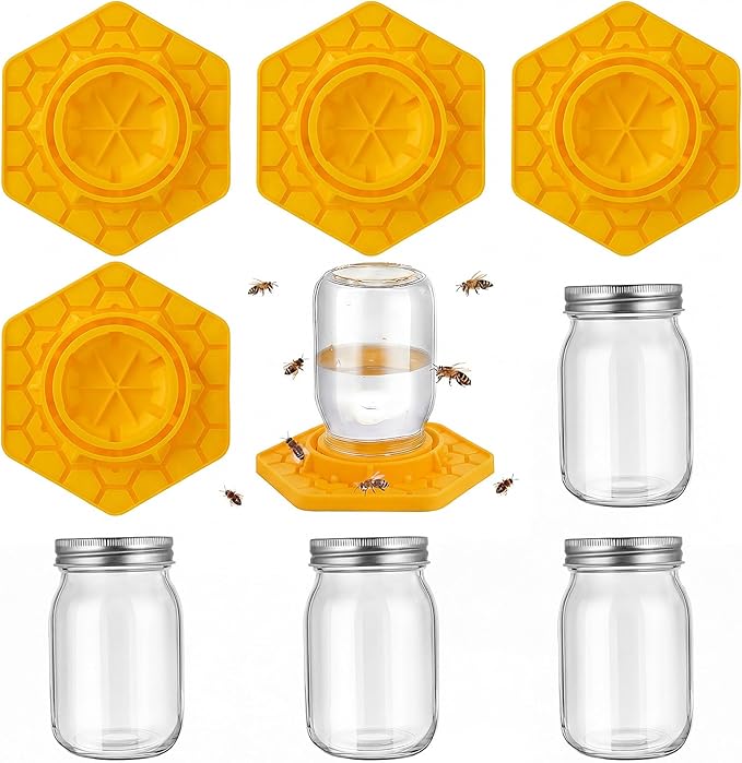 4 Pack Bee Feeder for Mason Jar Bee Watering Station Garden Silicone Sugar Water Feeder Beekeeping Drinking Equipment Tools with Mason Jars for Drinking Water (Ginger Yellow,Hexagon)