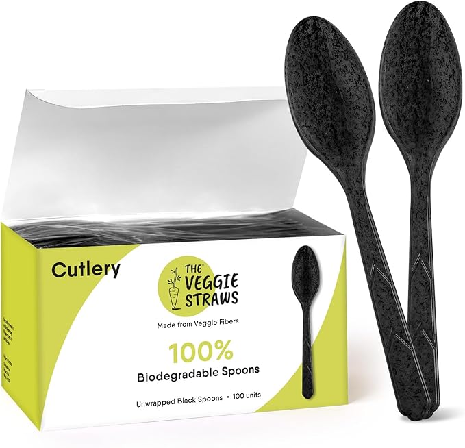 Premium Quality100% Biodegradable Black Spoons Made of Vegetable Fibers, 100 PCS of 6.7” Long Heavy-Duty and Splinter Free Eco-Friendly Spoons, Perfect Sustainable Cutlery for All Types of Occasions