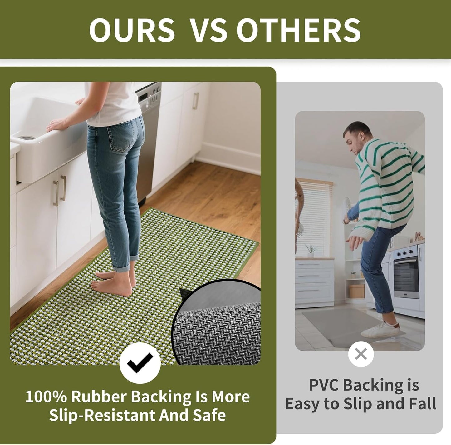 Large Kitchen Runner Rugs Long Kitchen Mat Non Slip Washable, Super Absorbent Soft Chenille Braided Kitchen Mats for Floor, Rubber Backing Kitchen Sink Standing Mat, Easy Clean, Green 36"x71"