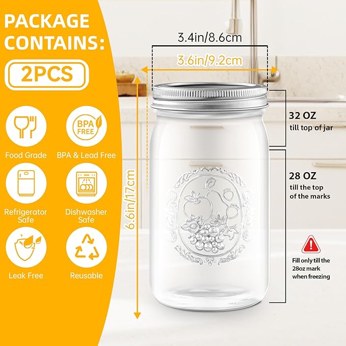 Miuyhji Wide Mouth Mason Jars 32 oz with Lids [2 Pack], Canning Jars with Metal Airtight Lids and Bands, Glass Jars for Fermenting, Pickling, Freezing, Preserving, Meal Prep, Jar Décor