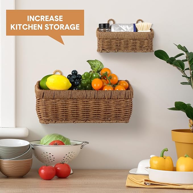 Tioncy 2 Pcs Woven Hanging Wall Baskets for Storage Boho Style Hanging Storage Plastic Woven Baskets with 4 Hooks for Kitchen Garden Living Room