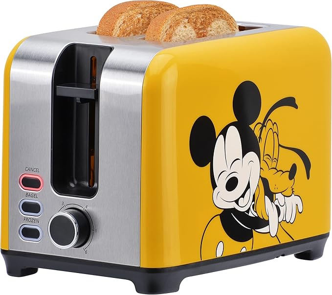 Disney Mickey & Pluto 2-Slice Toaster by Select Brands - Fast Toaster with Wide Slots, Toast Lift & Crumb Tray - Kitchen Essential for Sandwich Bread, Breakfast & Bagels
