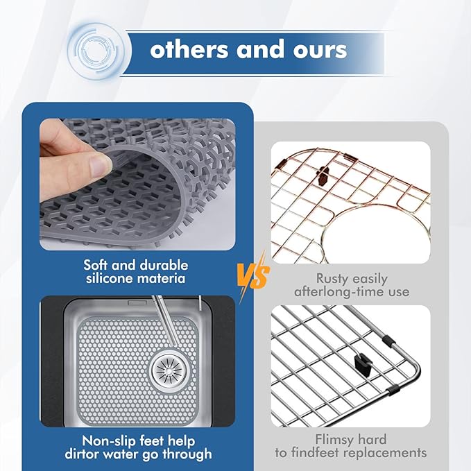 Bestjing 2 Pack Silicone Kitchen Sink Protector Mat with Rear Drain - 13.58''x 11.6'' Kitchen Sink Accessory, Folding Non-Slip Heat Resistant Mat Grid for Bottom of Porcelain Stainless Steel