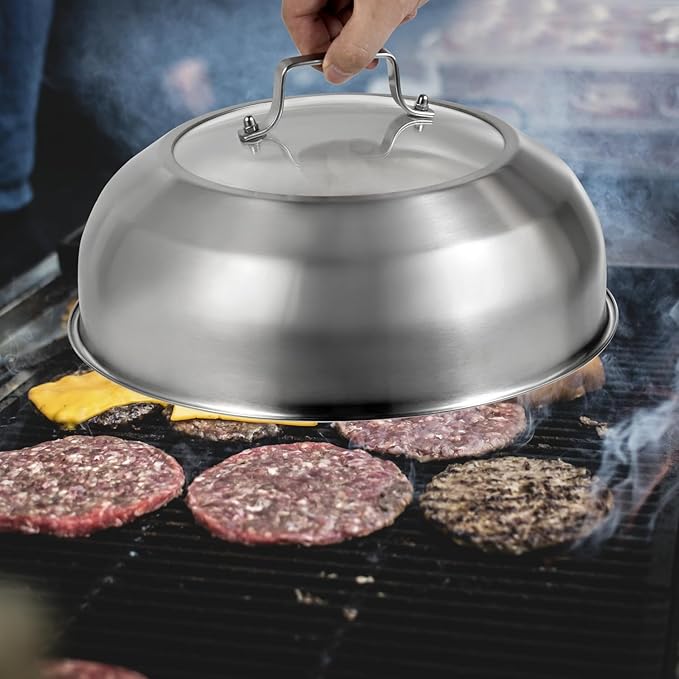 13.5 Inch Stainless Steel Basting Cover, Melting Dome for Griddle Cooking, Round Steaming Cover Lid with Tempered Glass Top and Steam Holes, Dishwasher Safe (13.5")