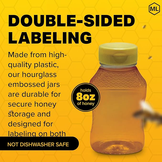 Mann Lake Refillable Hourglass Honey Jars | 8 oz Plastic Containers with Yellow Flip-Top Lids | Empty Bottles for Honey Storage & Dispensing | 24-Pack (Honey Not Included)
