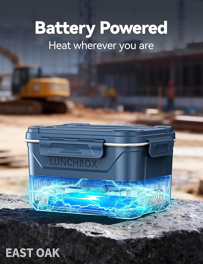 EAST OAK Heated Lunch Box for Men, Electric Lunch Box for Adults, 5.5 Cups Cordless Portable Food Warmer, Rechargeable Self Heating Food Heater with Memory Function, Automatic Keep Warm(Classic Blue)