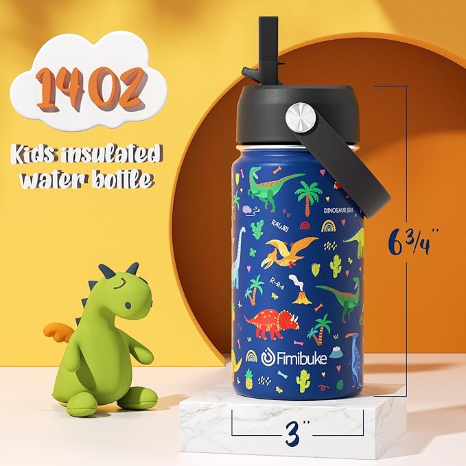 Fimibuke Kids Insulated Water Bottle, 14oz BPA FREE Double Wall Vacuum Tumbler 18/8 Stainless Steel Leak Proof Kids Cups with Straw Metal Water Bottle for School Boy Girl(2 Pack, SPACE/BLUE DINOSAUR)
