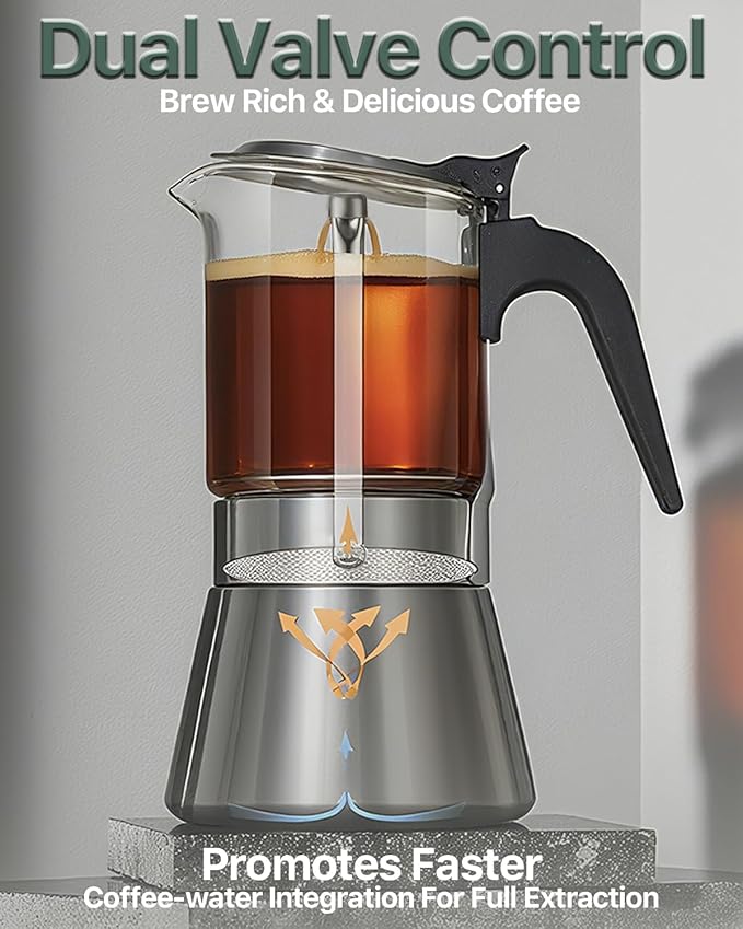 Grasseed Crystal Glass-Top Moka Pot, Polished Stainless Steel Stovetop Espresso Maker for Italian Coffee, Gift for Coffee Lovers - 4 Cup/160ml/5.6oz