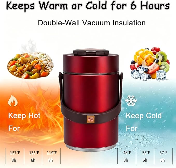 67oz Adults Stainless Steel Vacuum Insulated Thermal Lunch Box, 3 Tier Stackable Sealed Leak-Proof Wide Mouth Portable Bento Food Container, Hot Food Thermo Jar for Soup Office & Outdoor (Red)