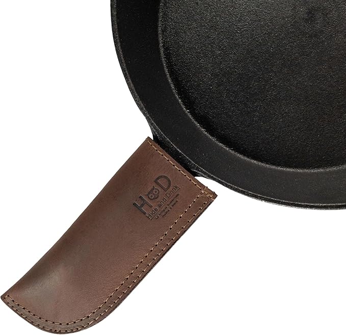 Hide & Drink, Rustic Hot Handle Holder, Fits 4-in-Long Skillet Pan Handles, Cast Iron Panhandle Potholder, Double Layered & Stitched, Handmade from Full Grain Leather, Bourbon Brown