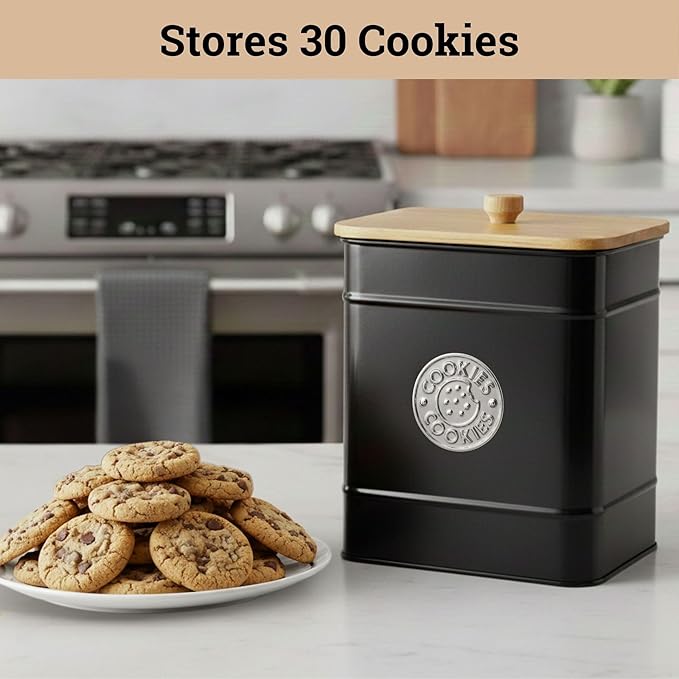 Cookie Jar with Airtight Lid - 1 Gallon - 6"D x 8"H Black Iron Cookie Tin with Bamboo Lid - Large Cookie Jars with Lids Airtight - Farmhouse Cookie Jars for Kitchen Counter Decorative - Cookies Jar