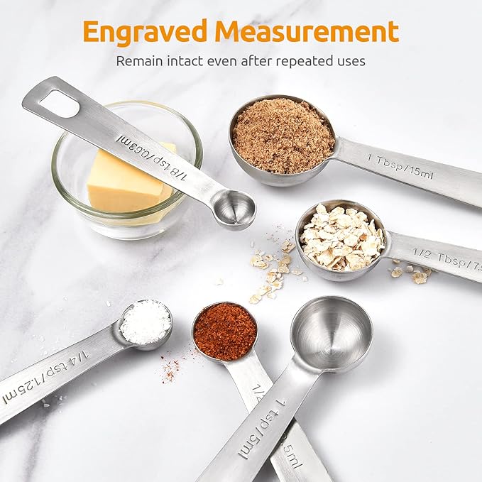 U-Taste 18/8 Stainless Steel Measuring Spoons Set of 6 and 6oz Small Snack Containers Food Grade Liquid Silicone Storage Set of 2 (Aqua Sky)