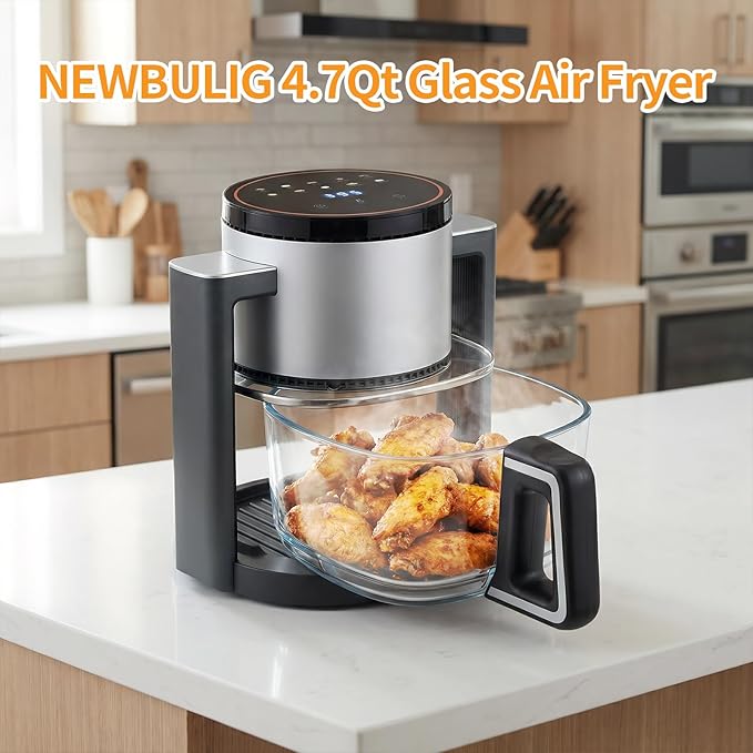 NEWBULIG 4.7Qt Glass Air Fryer, 10 in 1 Air Fryers with Timer, 105 to 395°F Wider Temperature, 360° Visibility, Dishwasher Safe, Roast Bake Dehydrate Reheat, Nonstick & Easy-Clean Basket, 1300W