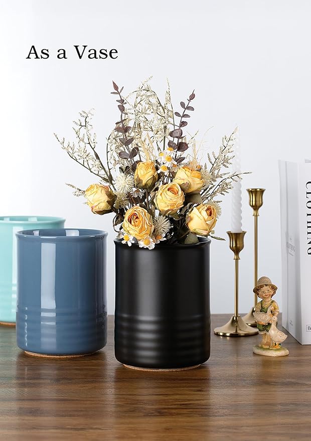 Utensil Holder, 6.7" Ceramic Kitchen Utensil Crock for Countertop Cooking, Modern Utensil Caddy Jar Organizer for Farmhouse Kitchen Counter Décor, Blue
