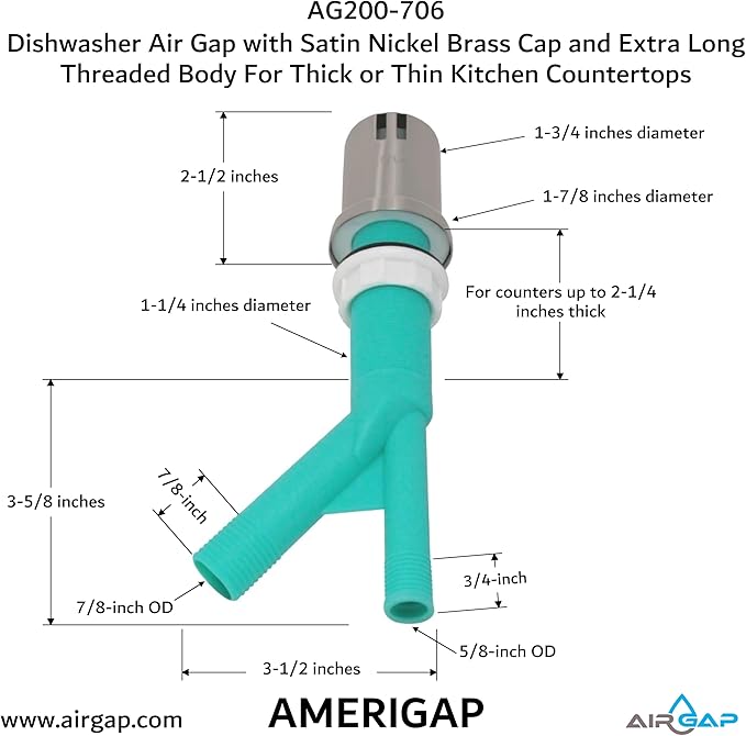 Dishwasher Air Gap with Skirted Satin Nickel Brass Cap and Extra Long Threaded Body for Thick or Thin Kitchen Countertops (AG200-706, AG200-X06, AMERIGAP)