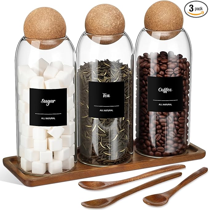 Suclain 3 Pcs Glass Coffee Storage Jar with Ball Cork Lid Wooden Spoon Shelf Labels Airtight Round Bottle Jar Food Storage Canister Set for Sugar Spice Coffee Bean Holder Candy Gift(41 oz)