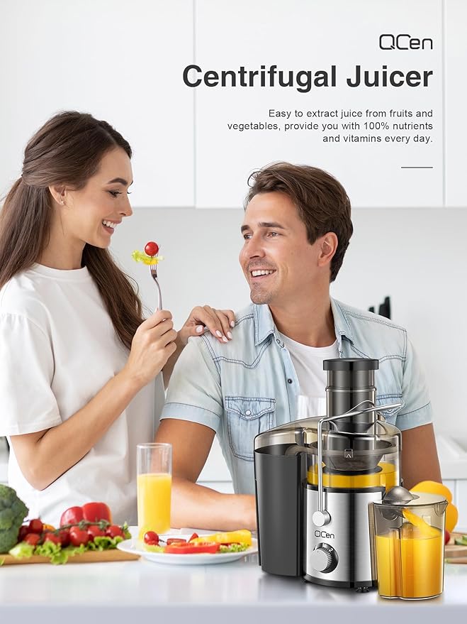 QCen Juicer Machine, 800W Centrifugal Juicer Extractor with 3” Wide Mouth Feed Chute for Fruits & Vegetables, Easy to Clean, Stainless Steel, BPA-Free