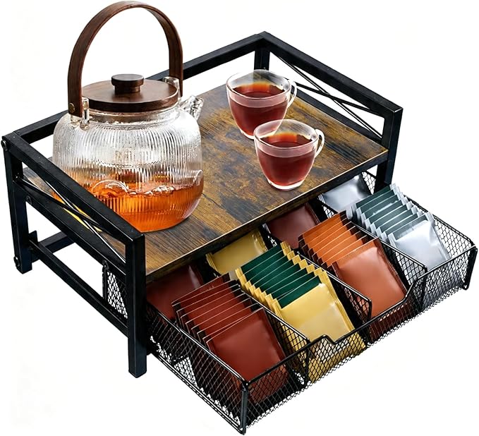 NANXITU Tea Holder Organizer,Wood Tea Box Organizer Storage Box,Tea Caddy for Tea Bags Organizer Drawer,with 8 Compartments Multi-Functional Tea Station Chest for Countertop