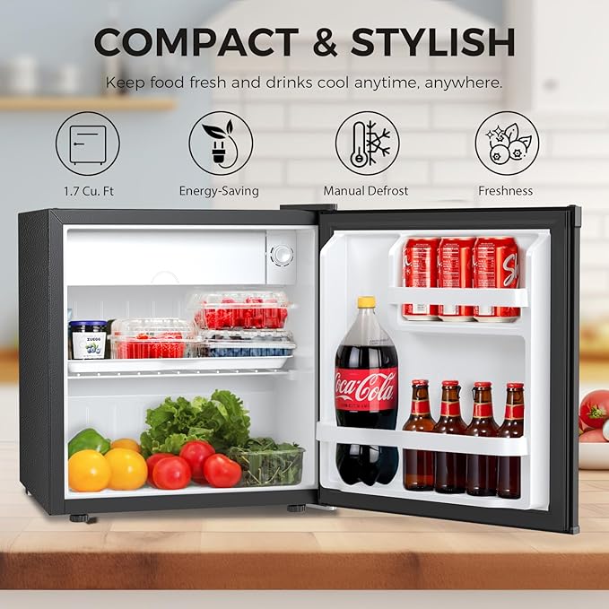 Antarctic Star Compact Refrigerator Mini Fridge with Freezer, Single Reversible Door, Dorm Fridge, Wire Shelf, Defrost Button, for Bedroom, Office, kitchen, 1.7 Cu. Ft, Black