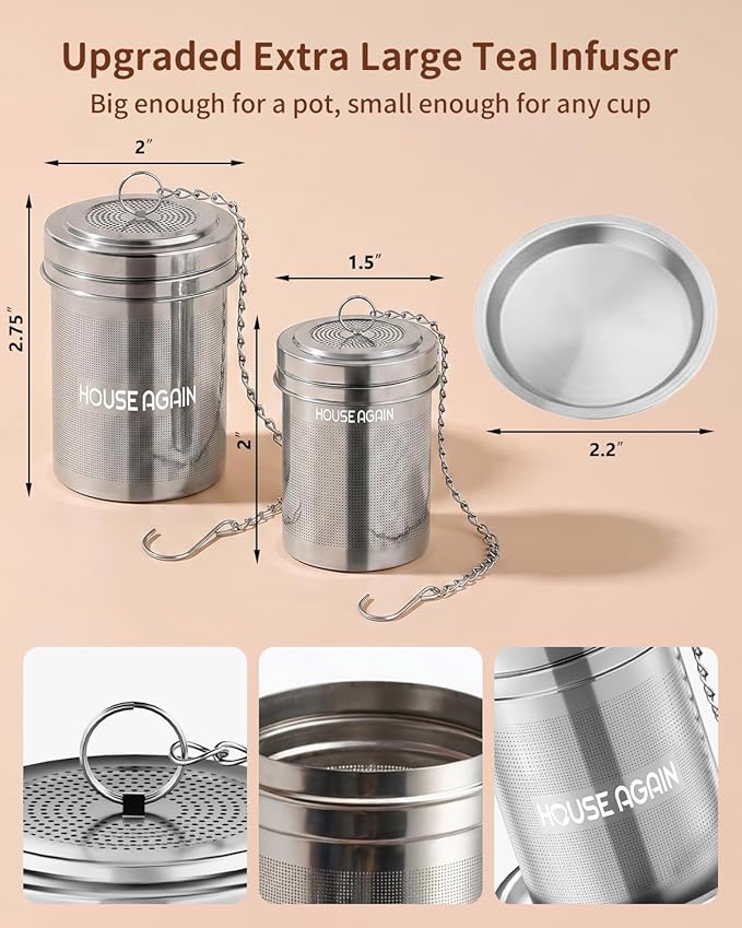 House Again Tea Infuser (2 Pack, Large + Small), Extra Fine Mesh Tea Strainers for Loose Tea, 18/8 Stainless Steel Tea Strainer with Extended Chain Hook, Tea Steeper