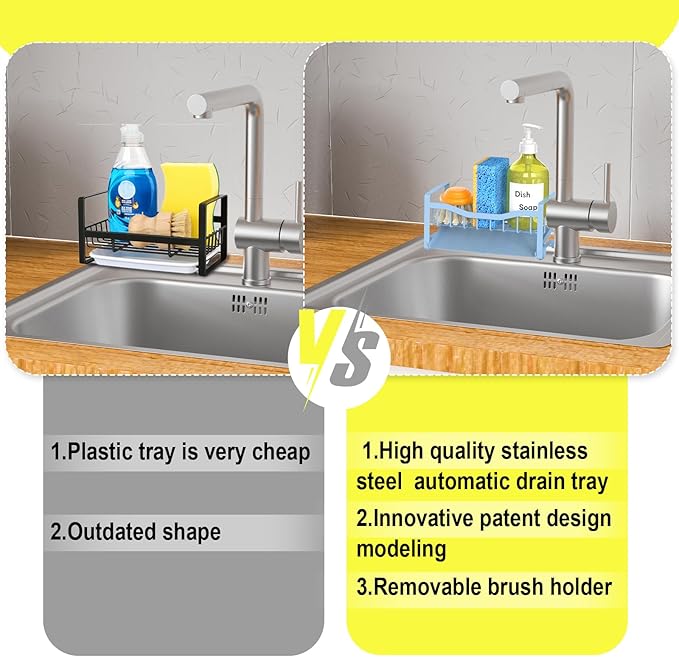 Maifan Stainless Steel Kitchen Sink Caddy Organizer with Auto Drain Tray, Sponge Holder for Countertop Storage