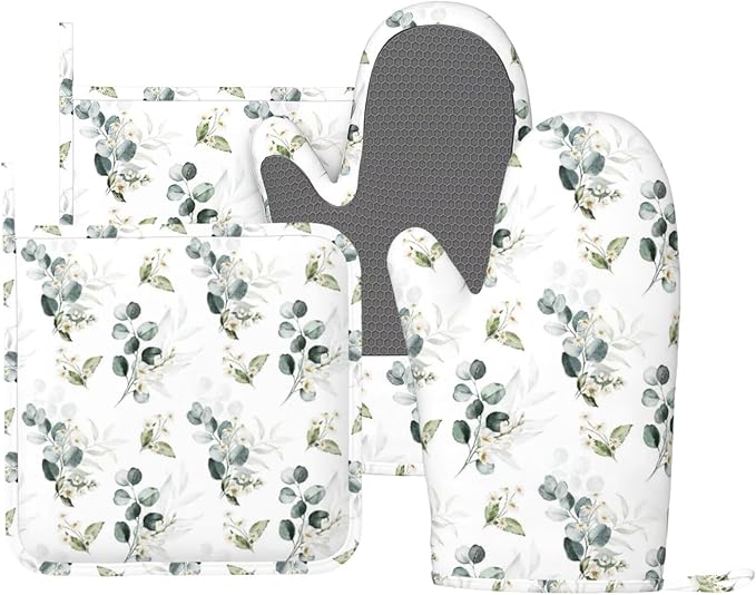 Sage Green Eucalyptus Oven Mitts and Pot Holders Sets Silicone Watercolor Plant Leaves Floral Kitchen Oven Mitts Hot Pads Heat Resistant Potholders Kitchen Mitts Set for Baking BBQ Cooking