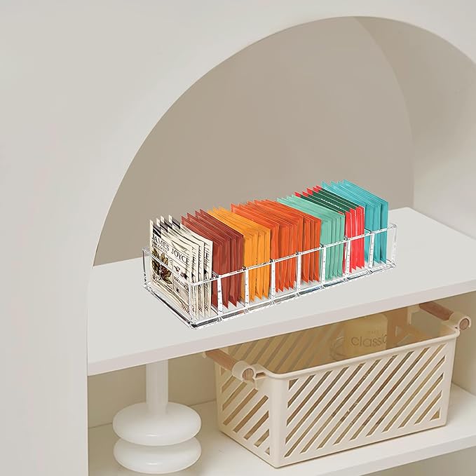 Tasybox Tea Bag Organizer, Clear Acrylic Tea Bag Holder, Tea Packet Storage for Drawer, Pantry, Kitchen, Cabinet, Countertop, 1 Pack