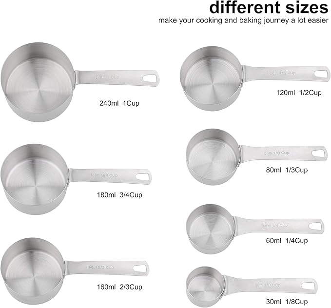 Smithcraft 18/8 Stainless Steel Measuring Cups and Spoons Set, Metric & US Metal Measure Cup and Spoon for Baking & Kitchen, Heavy Duty 7 Measuring Cups & 8 Spoons With Leveler