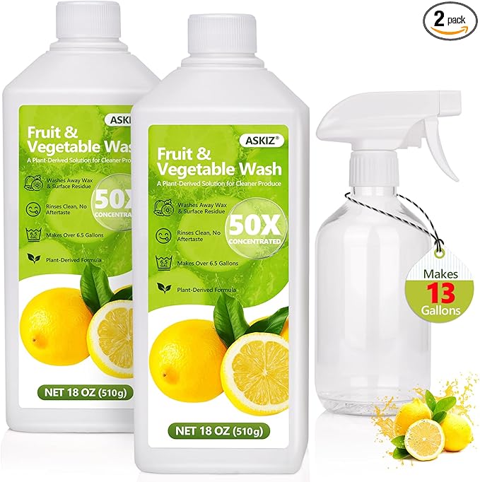 ASKIZ Fruit & Vegetable Wash,13 Gallons Lemon Produce Wash and Clean,Fruit Cleaner Comes With an Improved Nozzle Bottle,Multi Purpose Cleaner Removes Wax, Dirt and Surfaceues