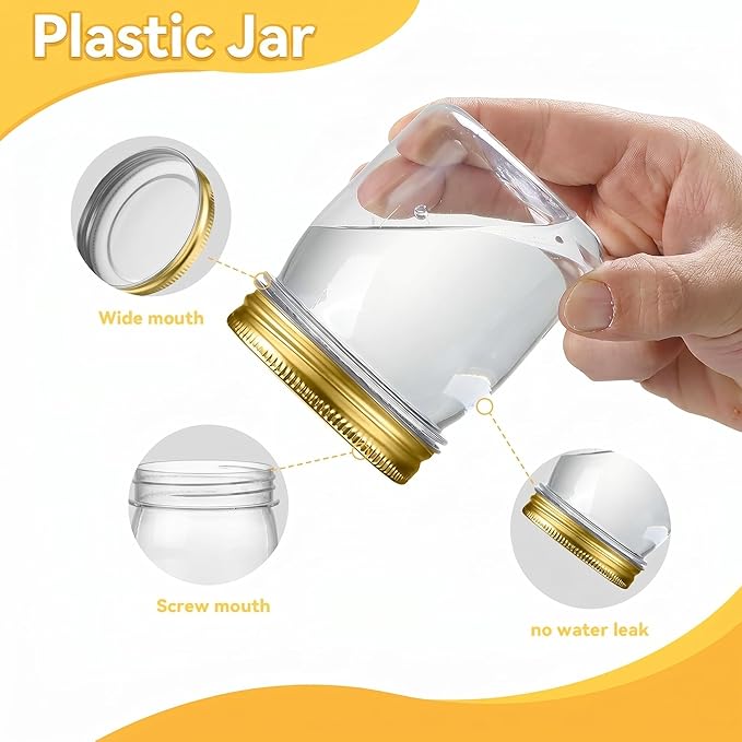 novelinks 8 oz Clear Plastic Jars with Airtight Lids, 8 Pack Plastic Mason Jars with Lids 8oz, Refillable Storage Slime Containers & Small Spice Jar for Kitchen Organization (8 Pack,Gold)