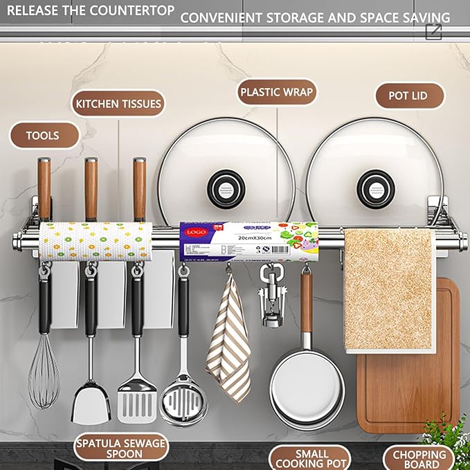 Hanging Wall Mount knife Wall Mount, Kitchen Organizer Storage Shelf for Utensils Spatula Spoon, Space-Saving Knife Rack with Hooks,Wall-Mounted Utensil Holder (Black, 40CM+Three Poles+6Hooks)