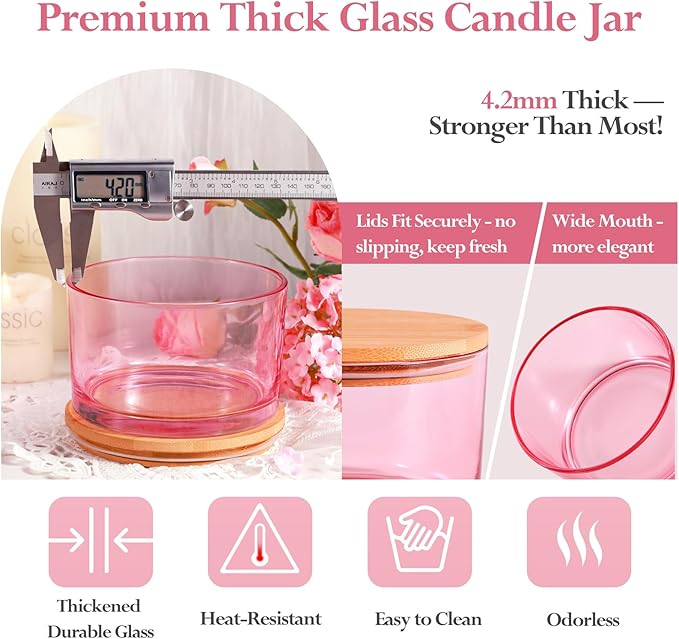 CONNOO 24oz Pink Thick Glass Candle Jars 6 Pack, Multi-Wick Wide Mouth Empty Bulk Candle Containers for Making Candles with Airtight Bamboo Lids, Sticky Warning Labels, Wick kit- Dishwasher Safe