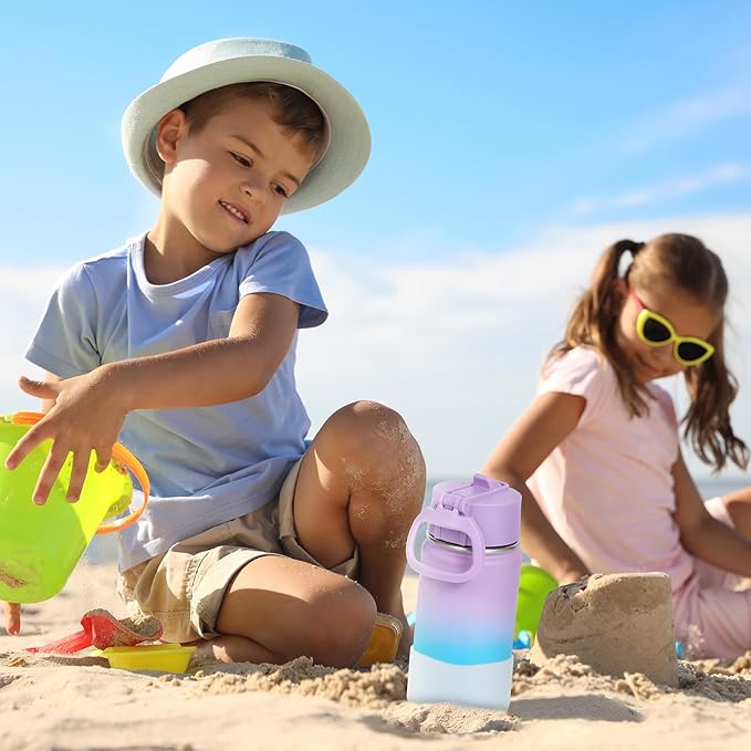 Volhoply 14oz KIds Water Bottle with Straw Lid and Silicone Boot Bulk 6 Pack,Stainless Steel Insulated Cups for Boys & Girls Multipack,Double Wall Vacuum Leakproof Bottles(Lavender Blue,6)