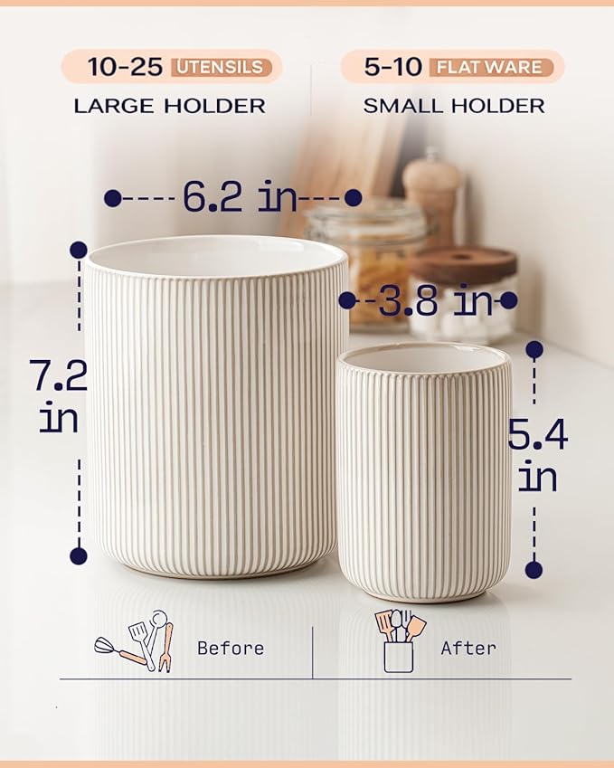 getstar Large Rotating Utensil Holder for Kitchen Counter,7.2"+5.4" Ceramic Utensils Crocks Set for Countertop Large & Small Utensil Organizer for Spatula Farmhouse Kitchen Decor