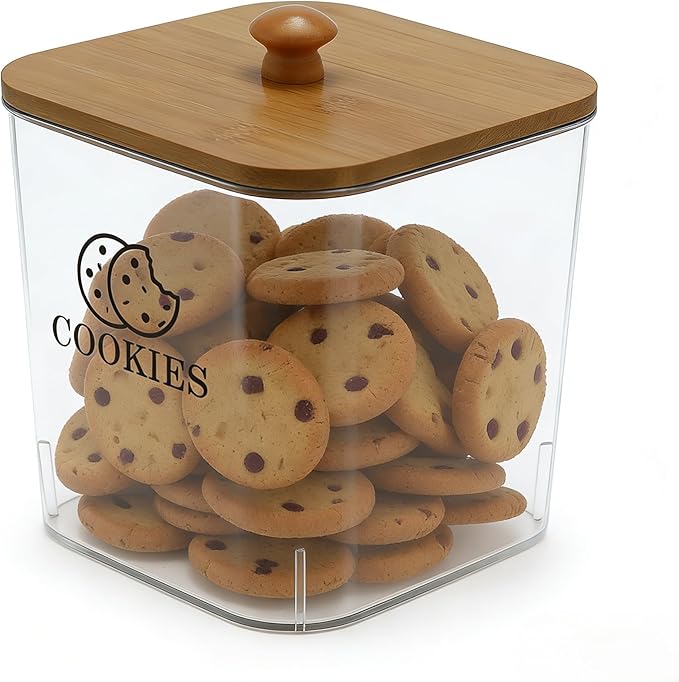 Cookie Jars with Wooden Lids Airtight, 2L Plastic Cookie Tin, Wide Mouth Candy Jar, Kitchen Counter Food Storage Container, Cute Jar for Gift Giving, BPA-Free, Clear