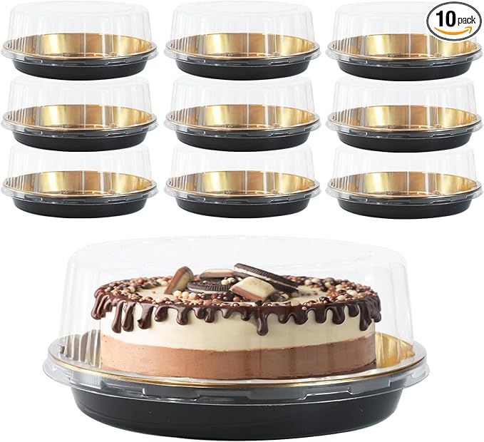 FEOOWV 10inch Round Clear +Gold Cake Carriers for Transport Plastic Cake Containers Carriers with Dome Lids and Cake Boards Clear Bundt Cake Boxes (10)