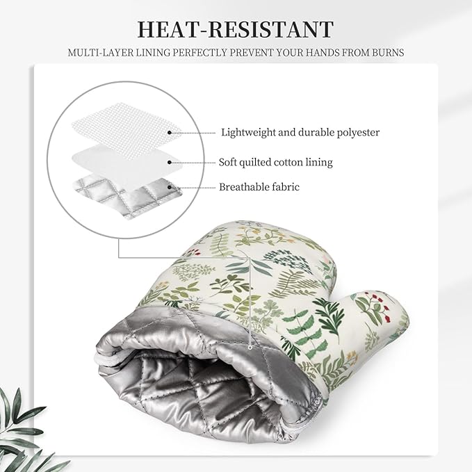 Wildflowers Herbs and Leaves Oven Mitts and Pot Holders Sets Silicone Beige Floral Kitchen Oven Mitts Hot Pads Heat Resistant Potholders Kitchen Mitts Set for Baking BBQ Cooking