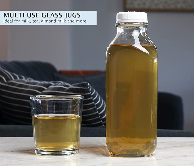 The Dairy Shoppe Glass Milk Bottle, Heavy Glass with Extra Lid, Creamery Style (4, Liter)