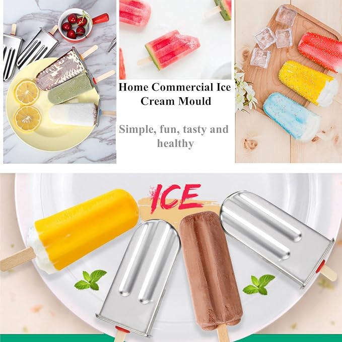 10Pcs Stainless Steel Popsicle Molds and Rack Ice Cream Popsicle Molds with 10 Square Ice Pop Makers + 100 Reusable Bamboo Sticks + 20 Bags + 1 Cleaning Brush + 1 Rack