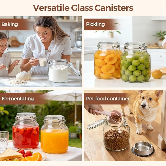 ComSaf 2-Pack 74oz (0.6 Gal) Wide-Mouth Glass Jars with Airtight Clamp Lids, Large Food Storage Containers for Flour, Sugar, Coffee & Pantry Organization, Includes Measuring Cup & Reusable Labels