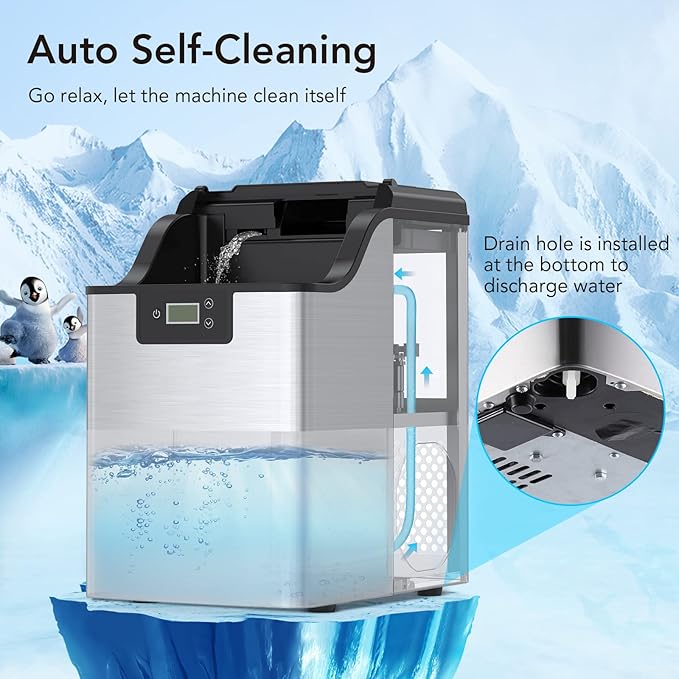 Nugget Ice Maker, Ice-Making of 44lbs/24h, Crushed Ice Maker Machine with Self-Cleaning, Low Noise Countertop Ice Maker, Stainless Steel, Portable Ice Maker for Bar/Home/Office