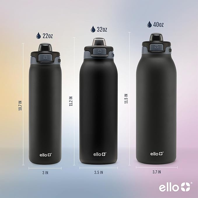 Ello Pop & Fill 32oz Stainless Steel Water Bottle with Quick Fill Technology, Double Walled and Vacuum Insulated Metal, Leak Proof Locking Lid, Sip and Chug, Reusable, BPA Free, Tonal Black
